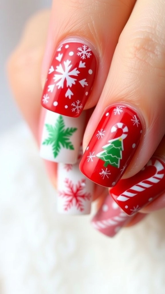 Festive Short Christmas Nail Art Close-up of short Christmas nail art with festive designs in red, green, and white.